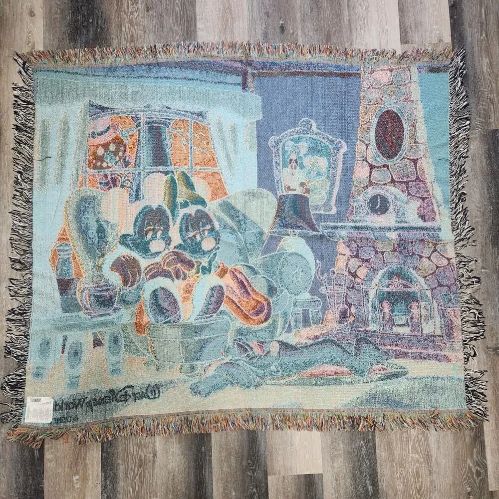 Disney Woven Tapestry Throw Blanket Mickey Minnie Pluto Fireplace 60x50